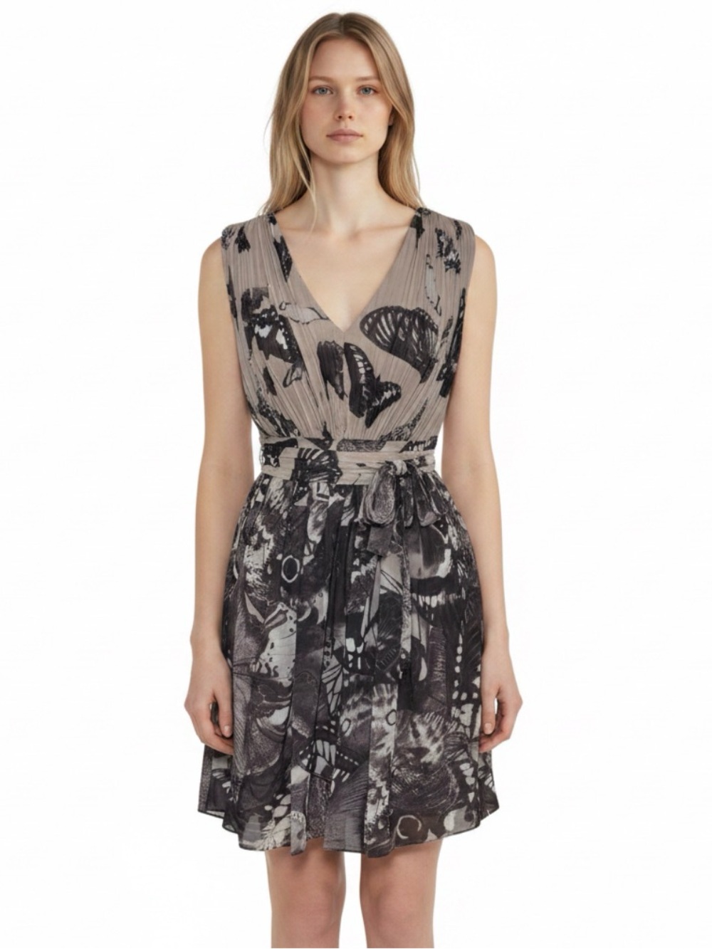 Ted Baker Taupe & Black Butterfly Print V-Neck Dress